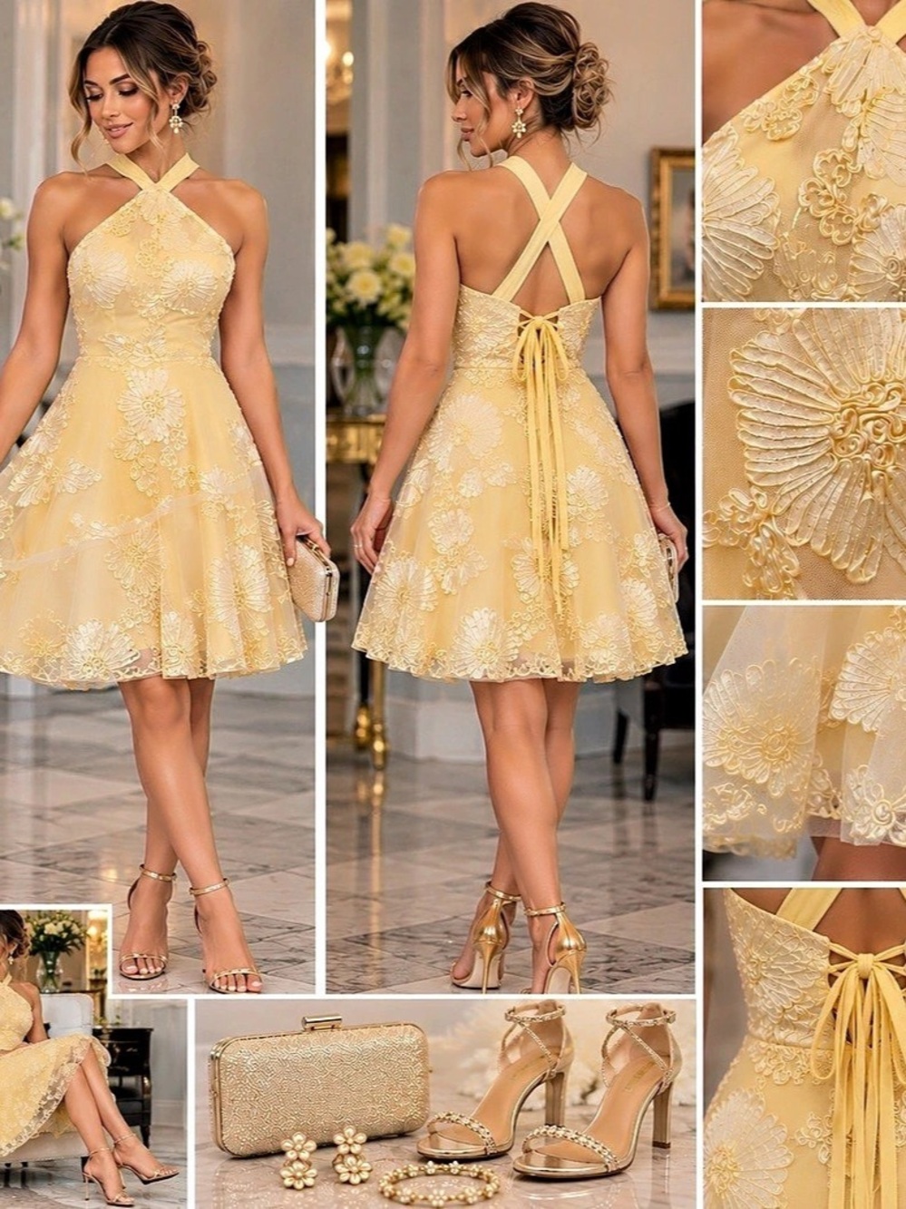 Formal Dress Floral Mini Dress in Yellow Size Small NWT